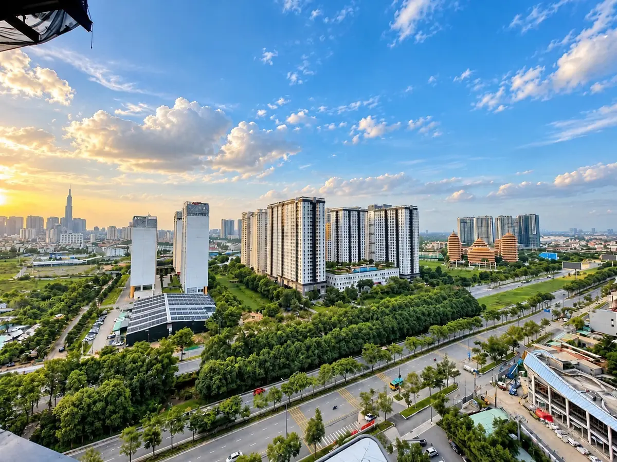 Góc nhìn ban ngày từ tầng cao xuống đại lộ Mai Chí Thọ và khu dân cư lân cận