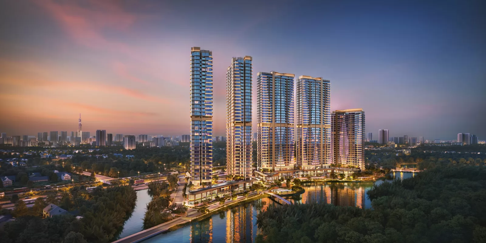 Cảnh quan ven kênh tại căn hộ Eaton Park về đêm