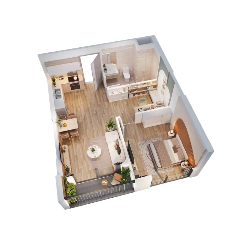 Bản vẽ thiết kế layout căn hộ 1 phòng ngủ Palm River