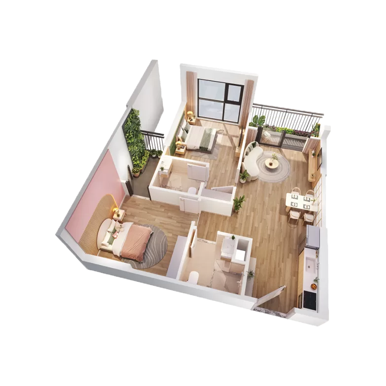 Bản vẽ thiết kế mặt bằng căn hộ 2 phòng ngủ Palm River