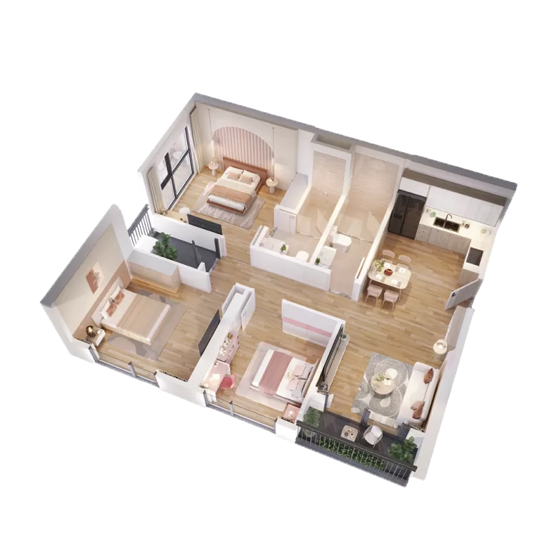 Bản vẽ thiết kế layout căn hộ 3 phòng ngủ góc Palm River