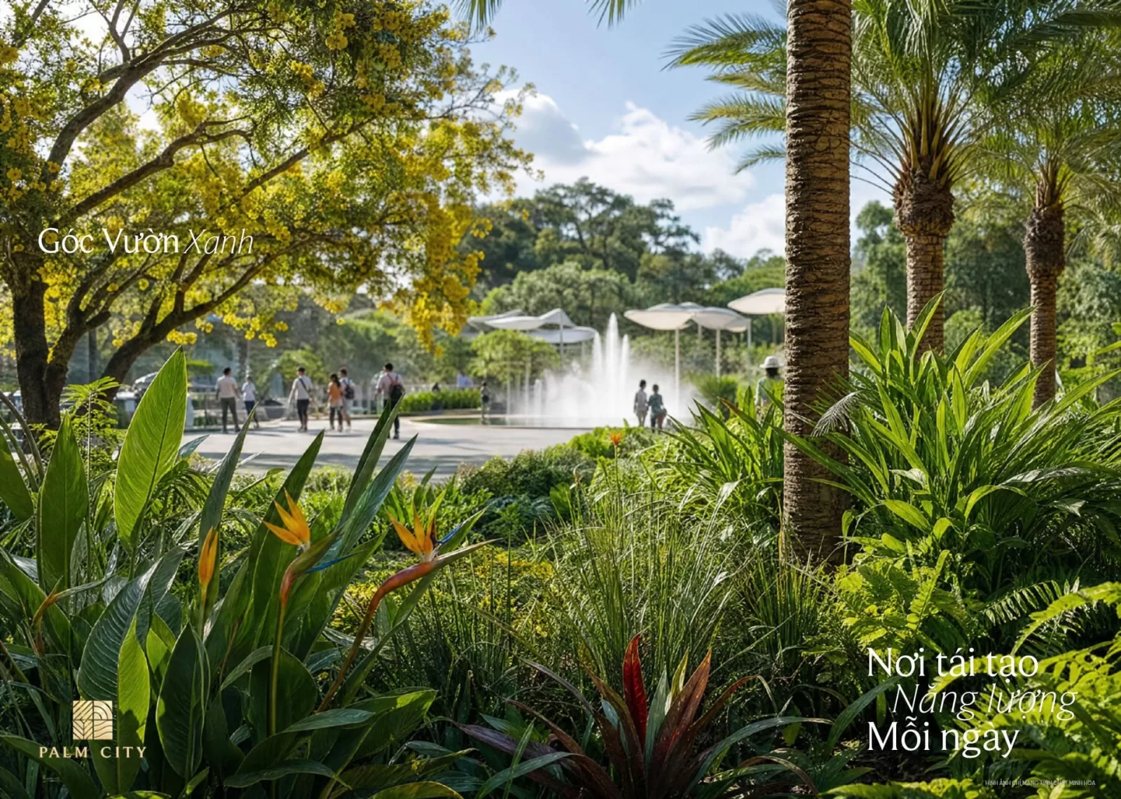 Phối cảnh "Góc vườn" Palm City, có đài phun nước và cây nhiệt đới