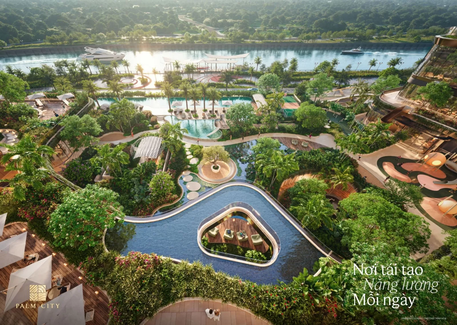 Phối cảnh trên cao cụm hồ bơi và vườn Palm City ven sông