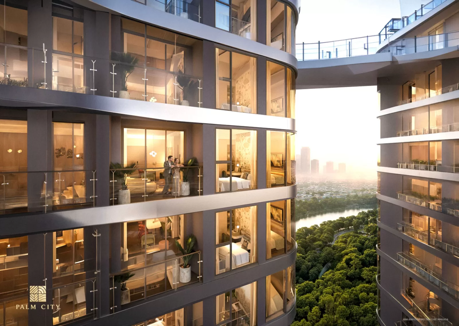 Phối cảnh mặt ngoài tháp Palm City, có cầu nối trên cao