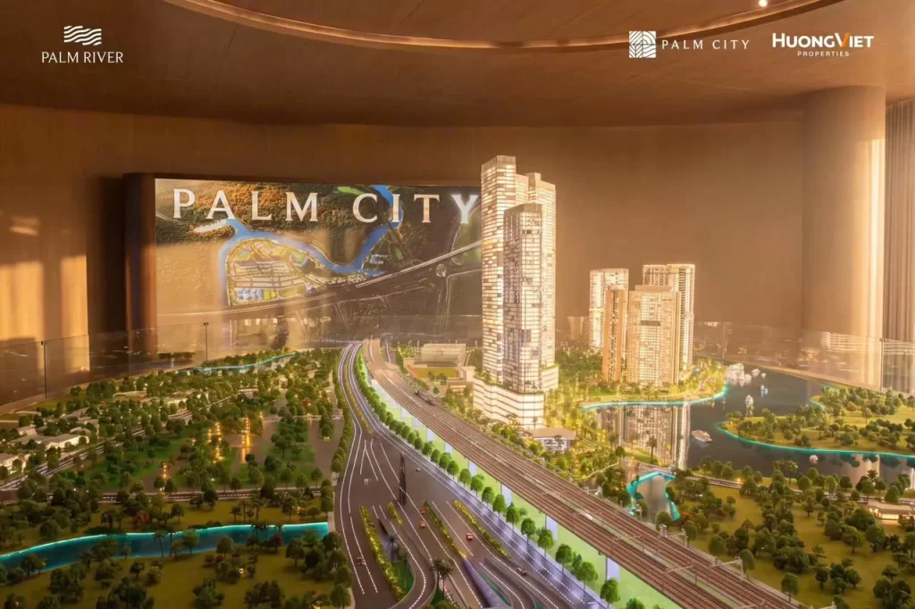 Sa bàn Palm City với màn hình PALM CITY, đường bộ và đường sắt phía trước bốn tháp