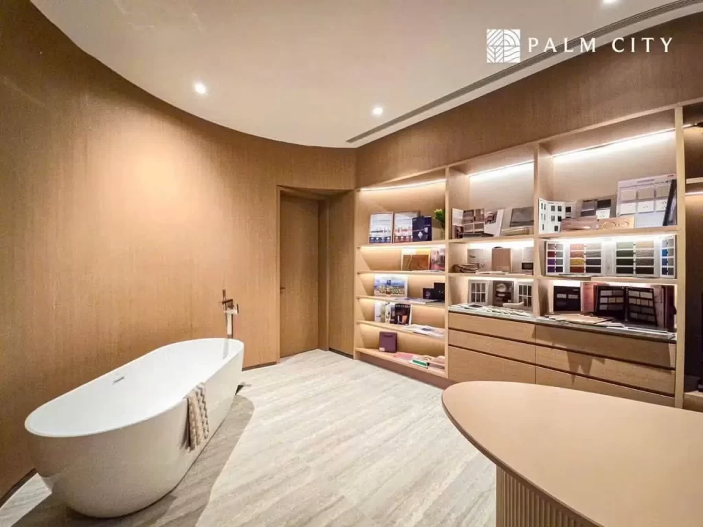 Phòng trưng bày vật liệu trong nhà mẫu Palm River với bồn tắm và kệ mẫu đá gỗ