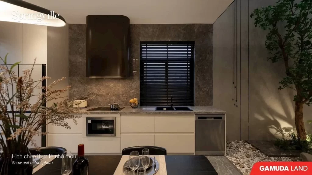 Bếp hiện đại kết hợp giếng trời tiểu cảnh cây xanh nhà mẫu Springville