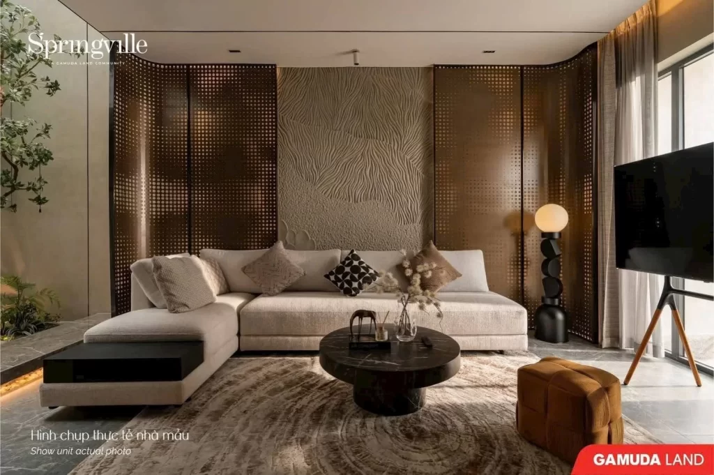 Toàn cảnh phòng khách sang trọng chuẩn Biophilic Design nhà mẫu Springville