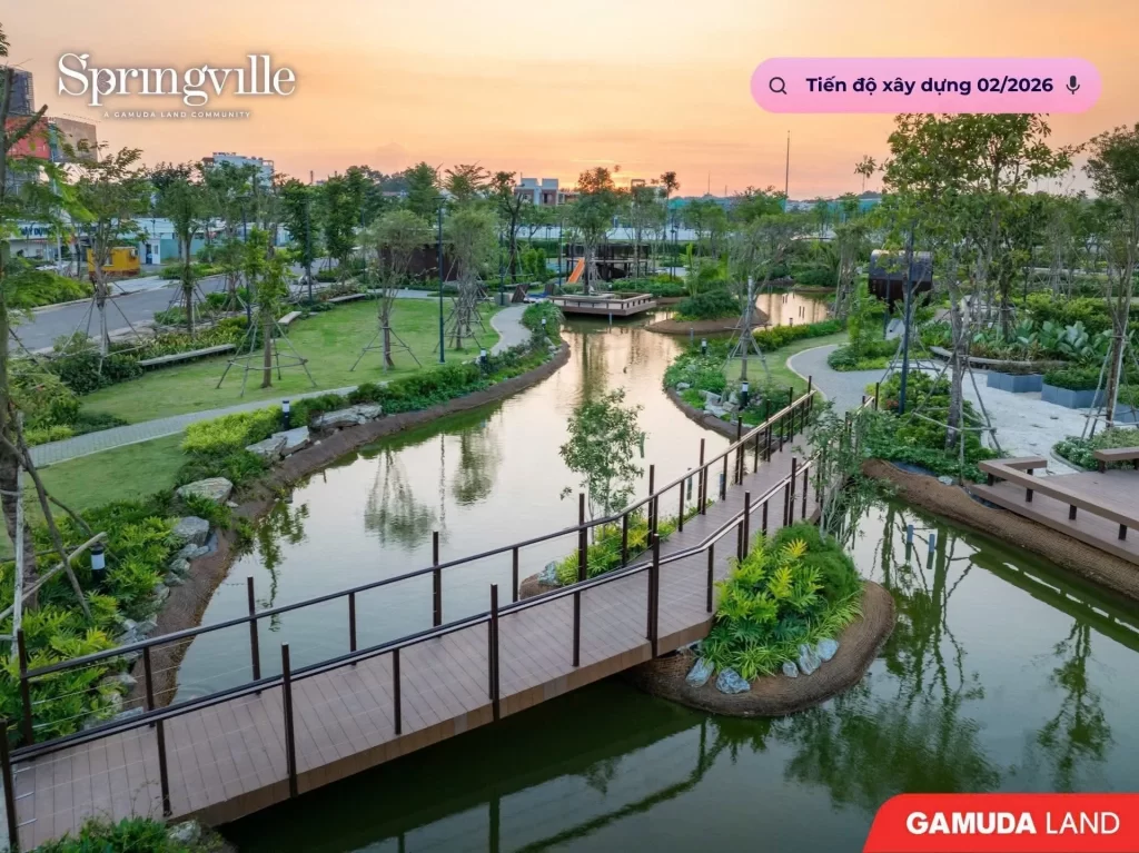 Thực tế công viên cây xanh và cầu cảnh quan hồ sinh thái Biophilic Springville