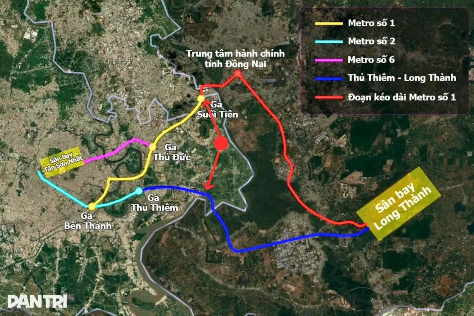 Sơ đồ hướng tuyến Metro Thủ Thiêm - Long Thành và Metro số 1 kết nối Springville