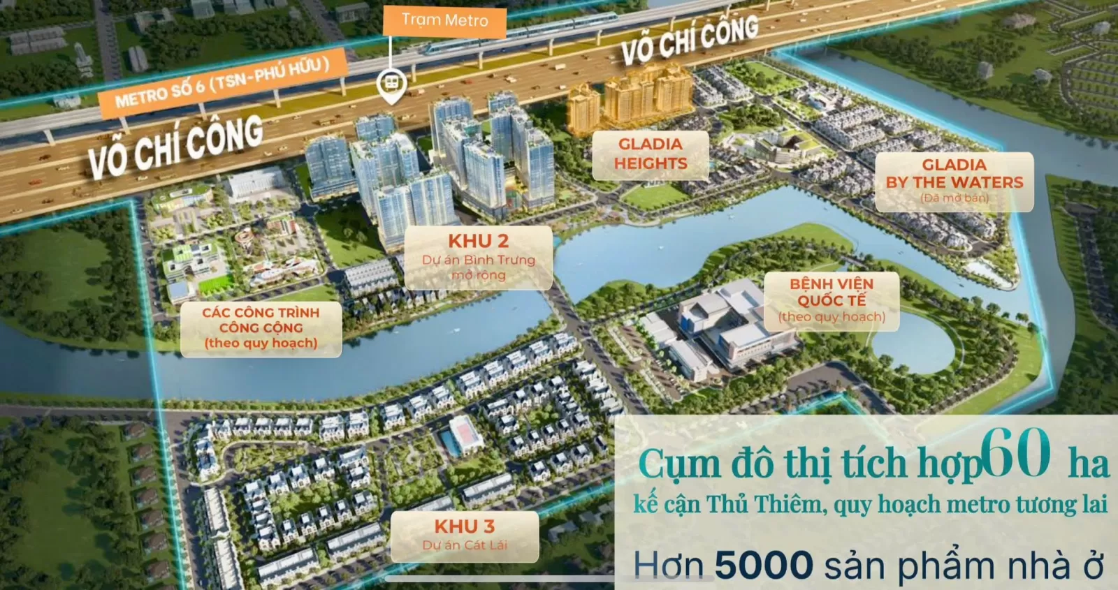 Phối cảnh cụm đô thị 60 ha với Gladia Heights và trạm Metro số 6 trên Võ Chí Công