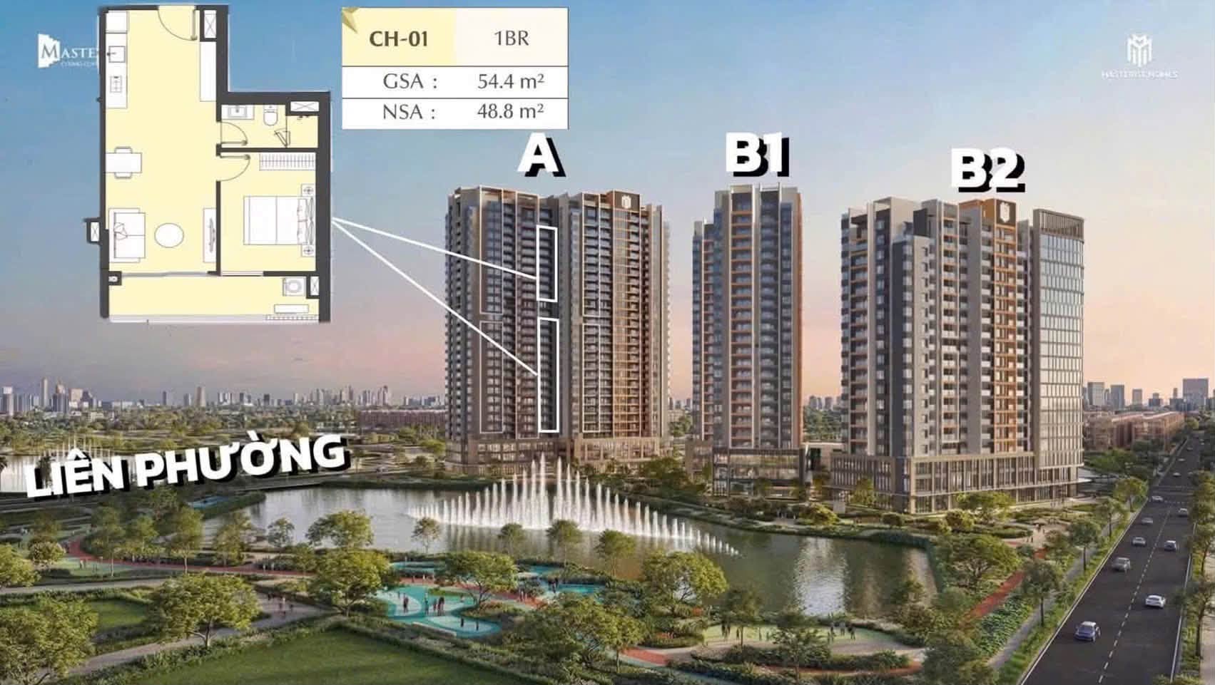 Layout bóc tách căn hộ 1PN mã CH-01 Masteri Cosmo Central