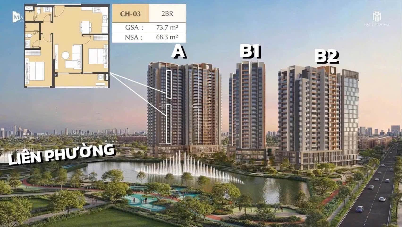 Layout bóc tách căn hộ 2PN mã CH-03 Masteri Cosmo Central