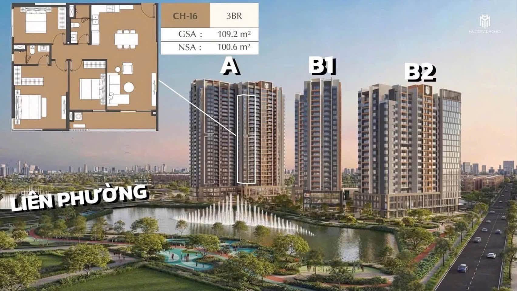 Layout bóc tách căn hộ 3PN mã CH-16 Masteri Cosmo Central