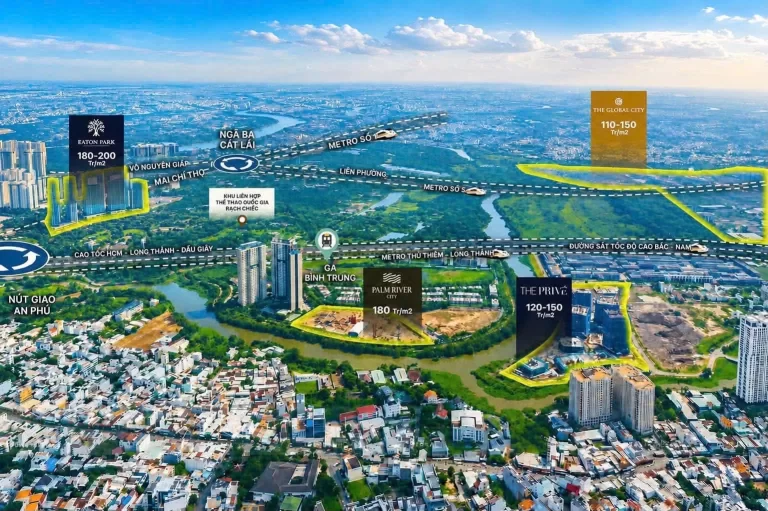 Bản đồ so sánh giá bán Palm River 180 triệu/m² với Eaton Park, The Prive và The Global City