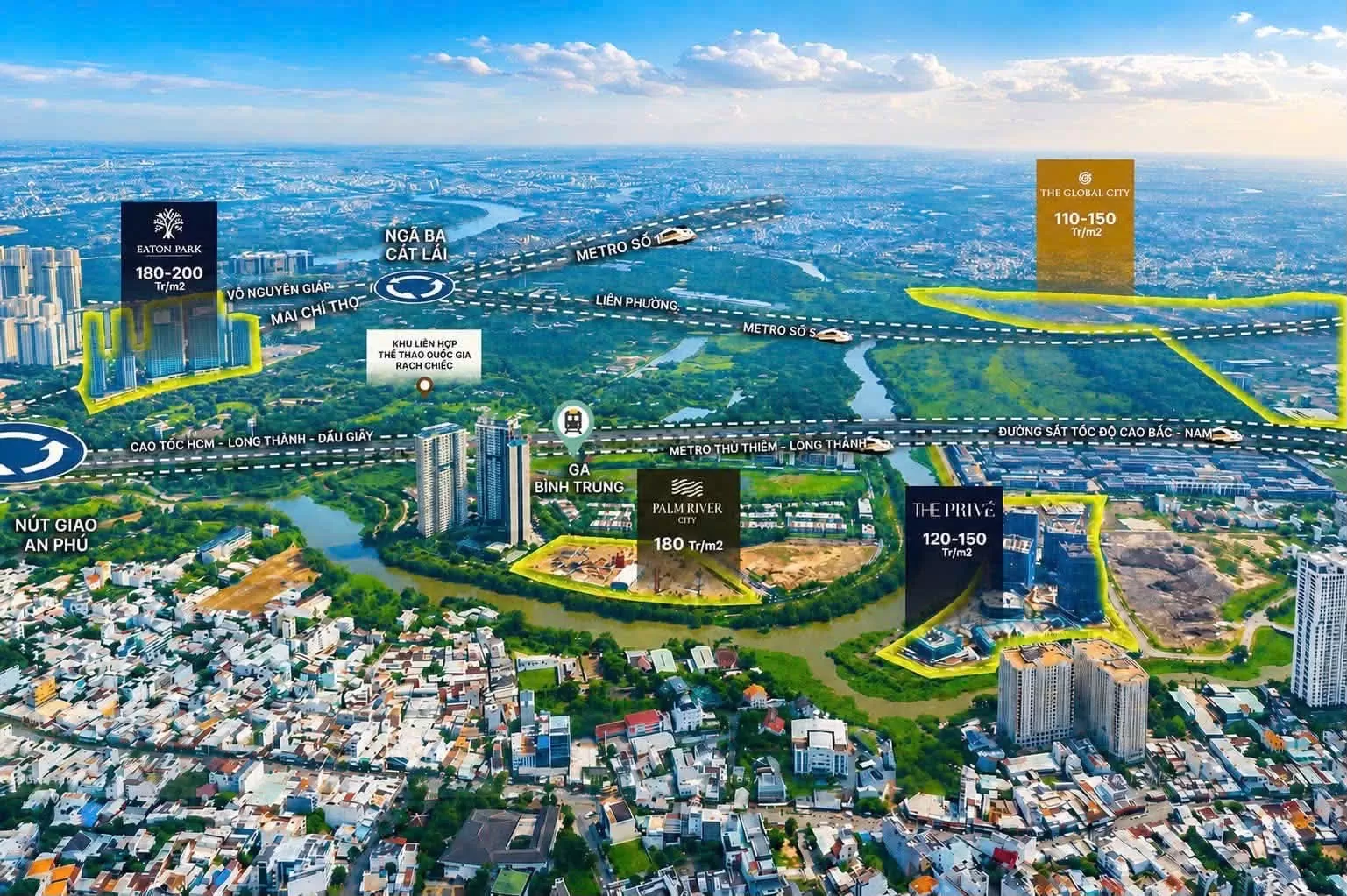 Bản đồ so sánh giá bán Palm River 180 triệu/m² với Eaton Park, The Prive và The Global City