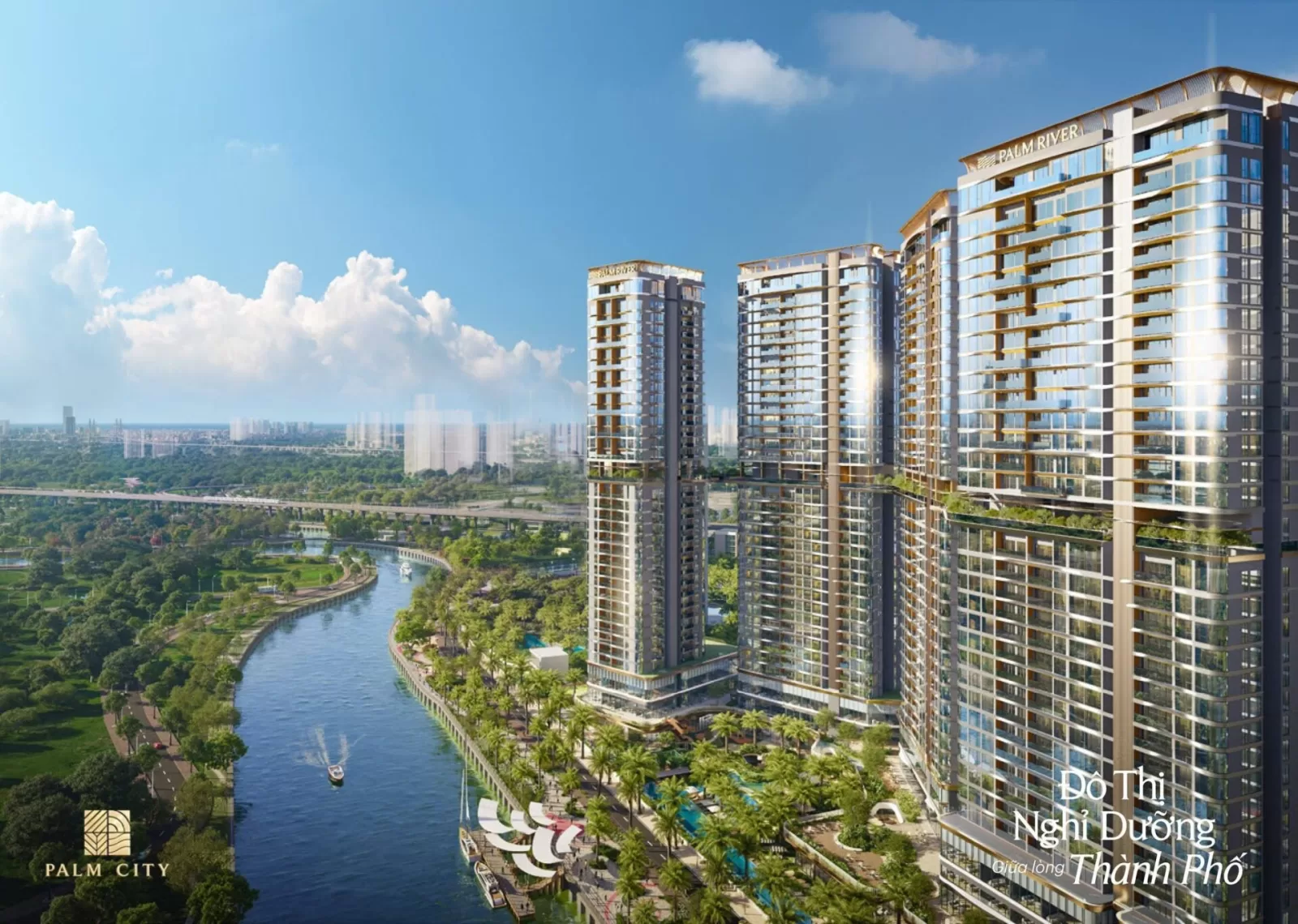 Phối cảnh cụm tháp dự án Palm River nhìn từ hướng sông