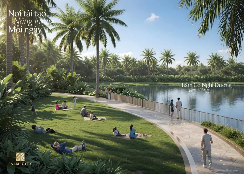 Thảm cỏ nghỉ dưỡng ven sông tại khu đô thị Palm City