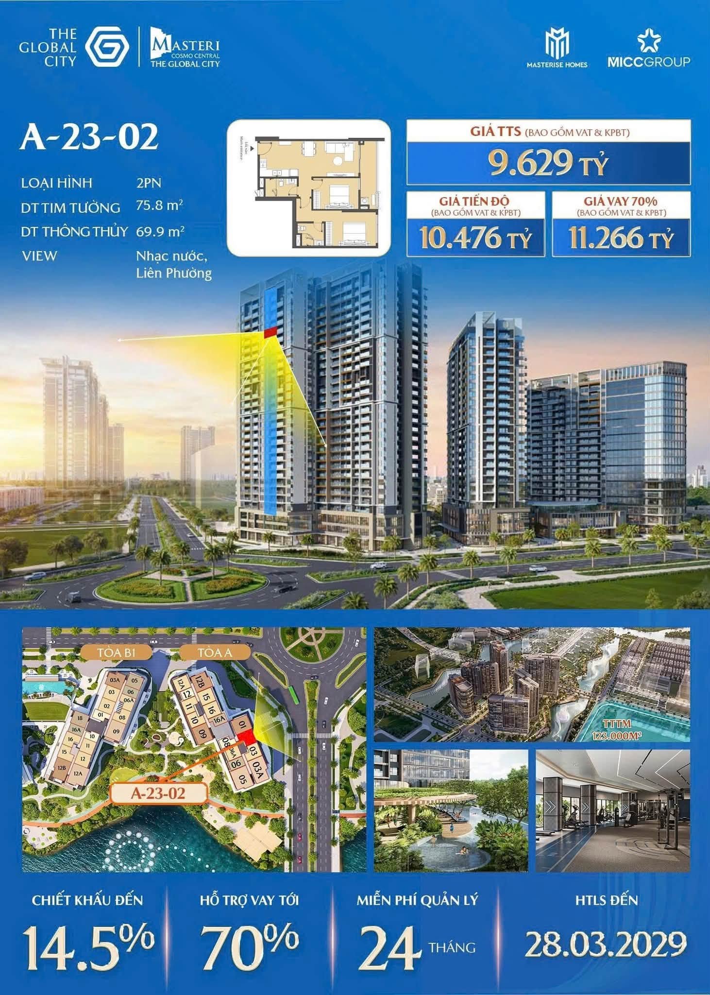 Bảng giá căn hộ 2PN mã A-23-02 Masteri Cosmo Central