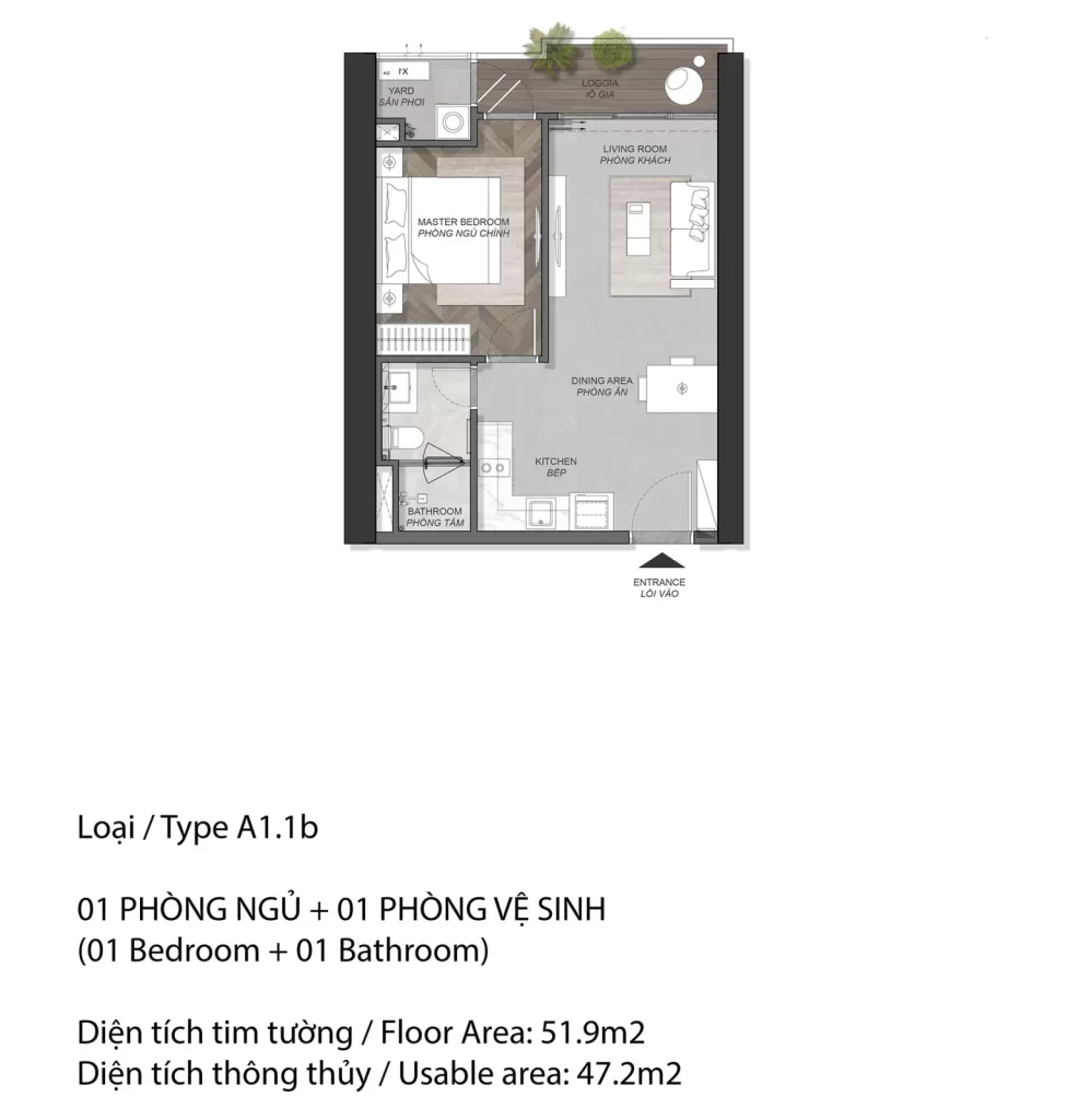 Mặt bằng căn hộ Eaton Park loại A1.1b, 1 phòng ngủ, diện tích tim tường 51,9 m2