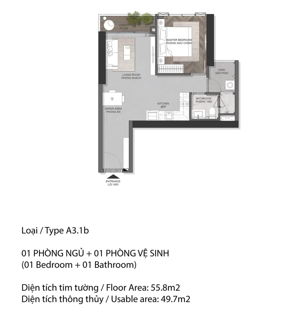 Mặt bằng căn hộ Eaton Park loại A3.1b, 1 phòng ngủ, diện tích tim tường 55,8 m2