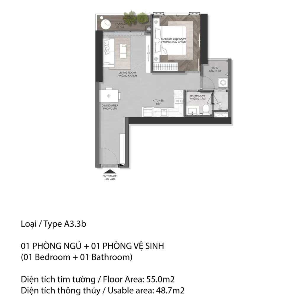 Mặt bằng căn hộ Eaton Park loại A3.3b, 1 phòng ngủ, diện tích tim tường 55,0 m2