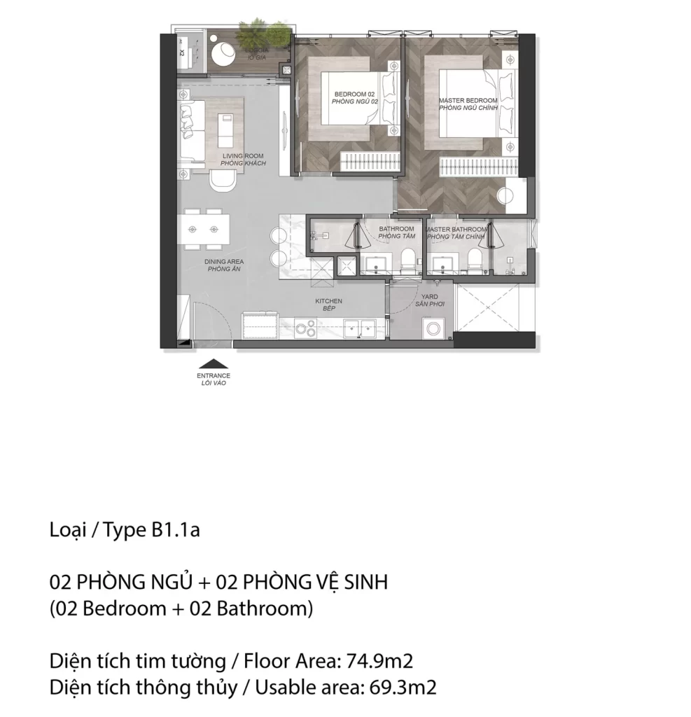 Layout Eaton Park loại B1.1a, căn 2PN 74,9 m² tim tường