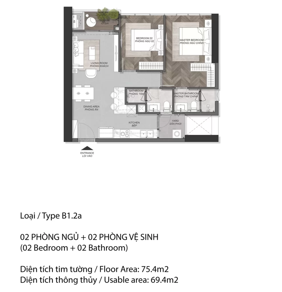 Mặt bằng căn hộ Eaton Park loại B1.2a, 2 phòng ngủ, diện tích tim tường 75,4 m2
