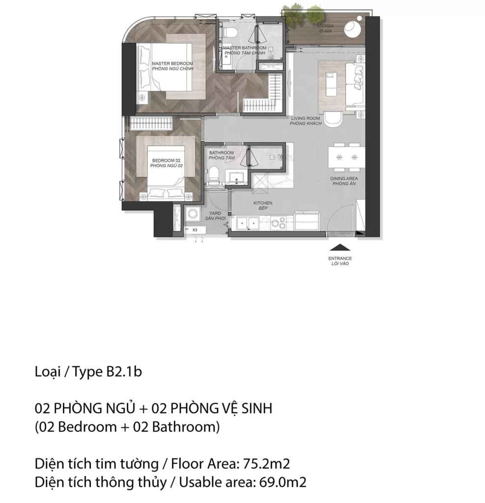 Mặt bằng căn hộ Eaton Park loại B2.1b, 2 phòng ngủ, diện tích tim tường 75,2 m2