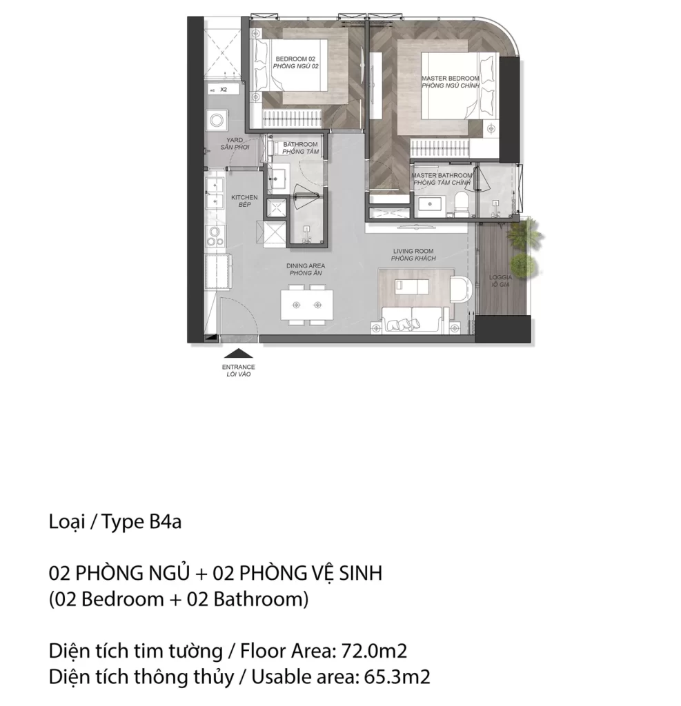 Mặt bằng căn hộ Eaton Park loại B4a, 2 phòng ngủ, diện tích tim tường 72,0 m2