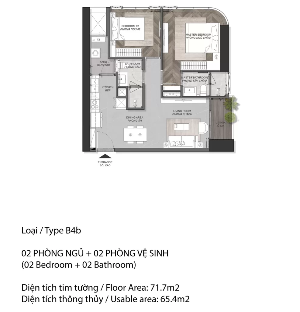 Mặt bằng căn hộ Eaton Park loại B4b, 2 phòng ngủ, diện tích tim tường 71,7 m2
