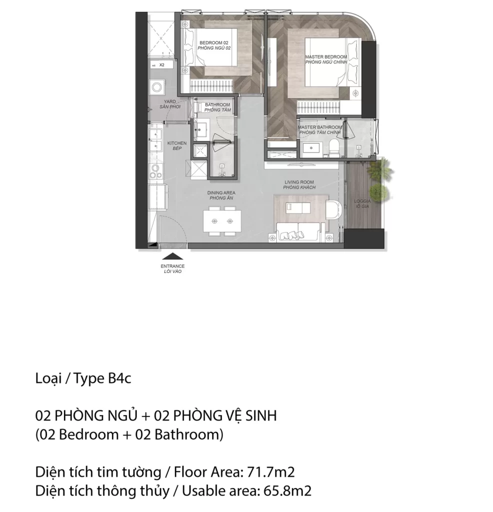 Mặt bằng căn hộ Eaton Park loại B4c, 2 phòng ngủ, diện tích tim tường 71,7 m2