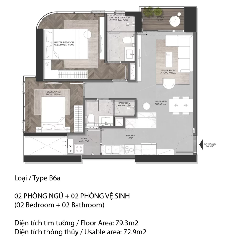 Mặt bằng căn hộ Eaton Park loại B6a, 2 phòng ngủ, diện tích tim tường 79,3 m2