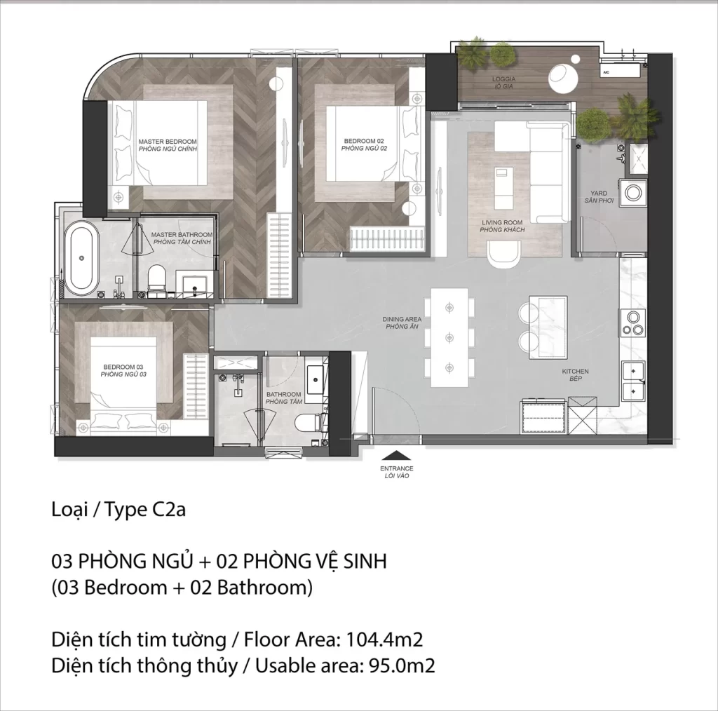 Layout Eaton Park loại C2a, căn 3PN 104,4 m² tim tường