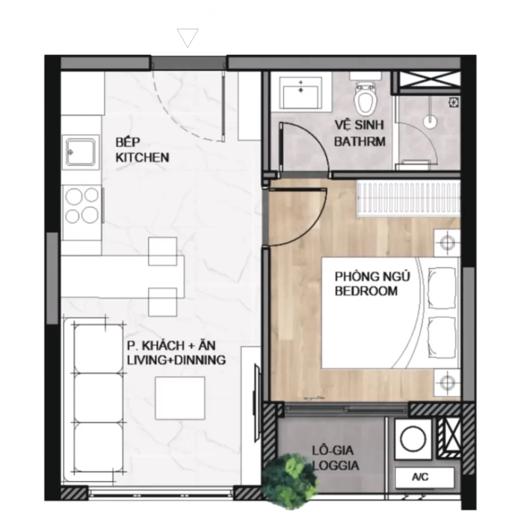 Layout Studio A1 trên mặt bằng Elysian: ngủ, bếp, khách–ăn, WC và lô gia