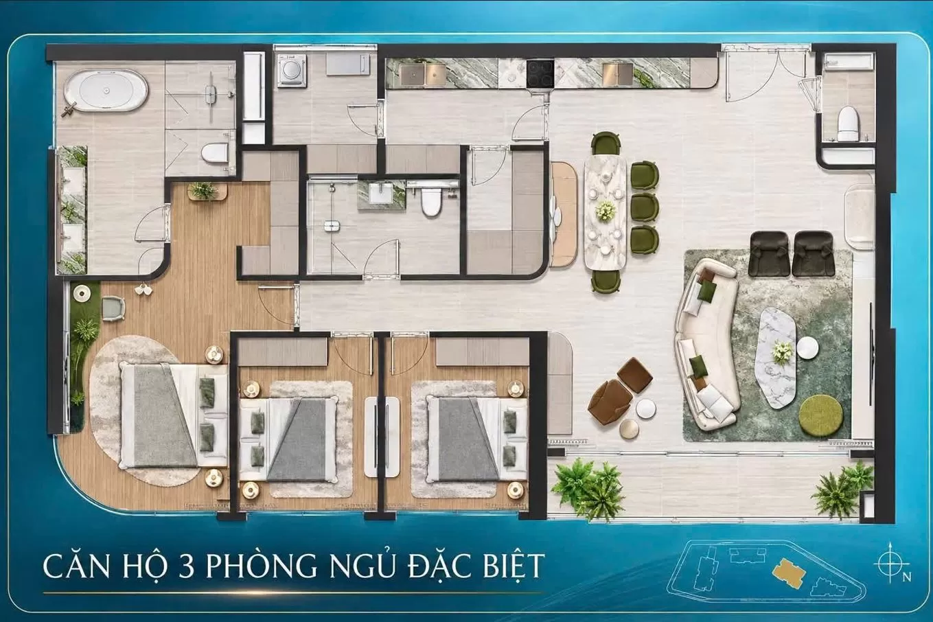Mặt bằng căn hộ Palm River 2PN đặc biệt 120,2 m² với ban công sân vườn rộng lớn