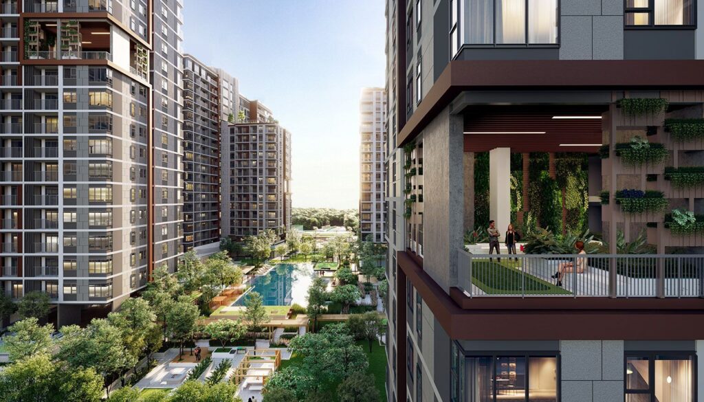 Tháp căn hộ Elysian và hồ bơi nội khu nhìn từ trên cao