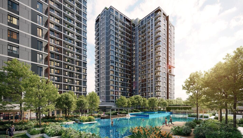 Cảnh quan hồ bơi và tháp căn hộ Elysian