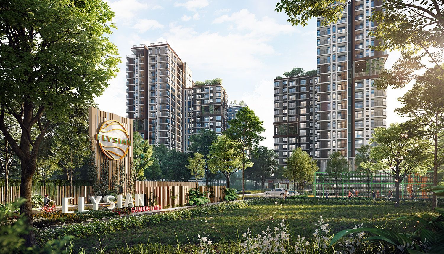 Cổng vào dự án căn hộ Elysian với biển hiệu và cảnh quan cây xanh