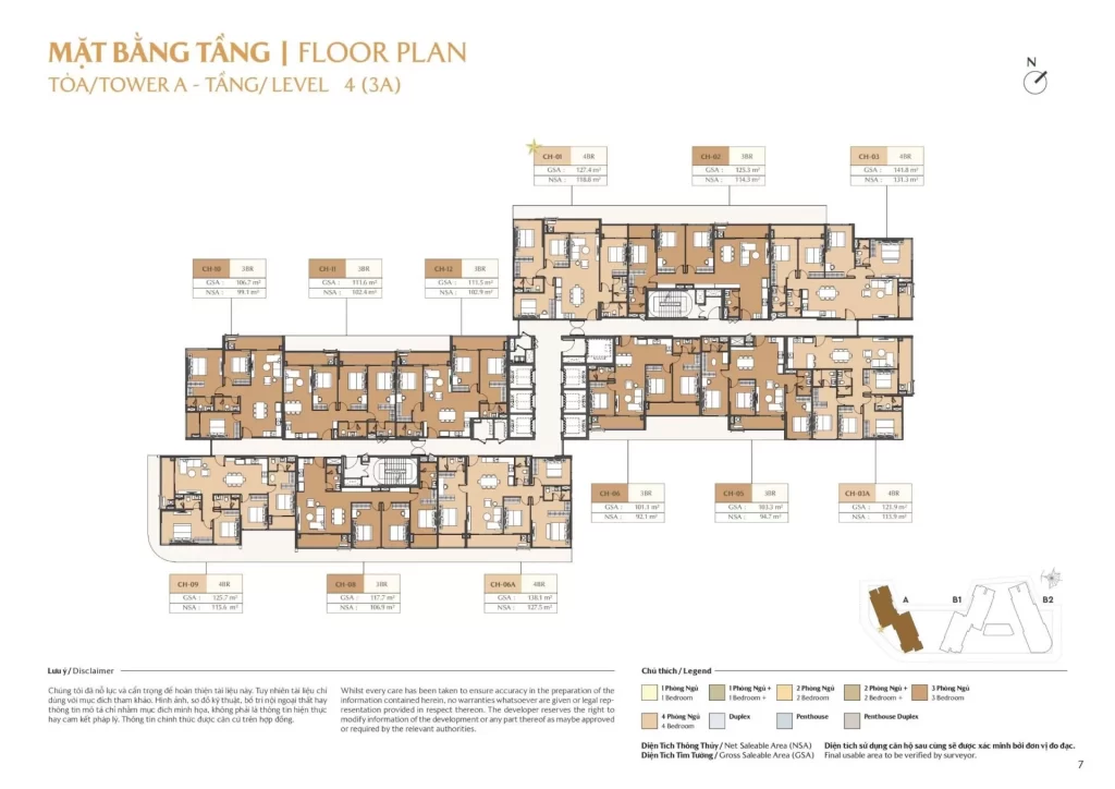Mặt bằng tầng tòa A căn hộ Masteri Cosmo Central tầng 4 với 12 căn 3 và 4 phòng ngủ