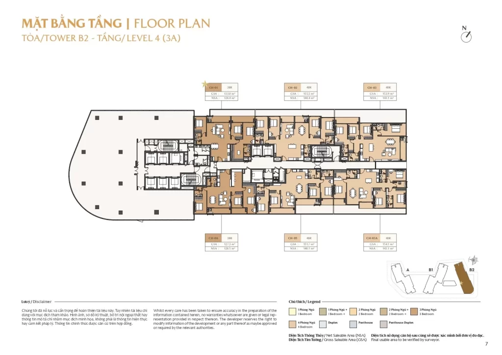 Mặt bằng tầng tòa B2 căn hộ Masteri Cosmo Central tầng 4 với 6 căn 3 và 4 phòng ngủ