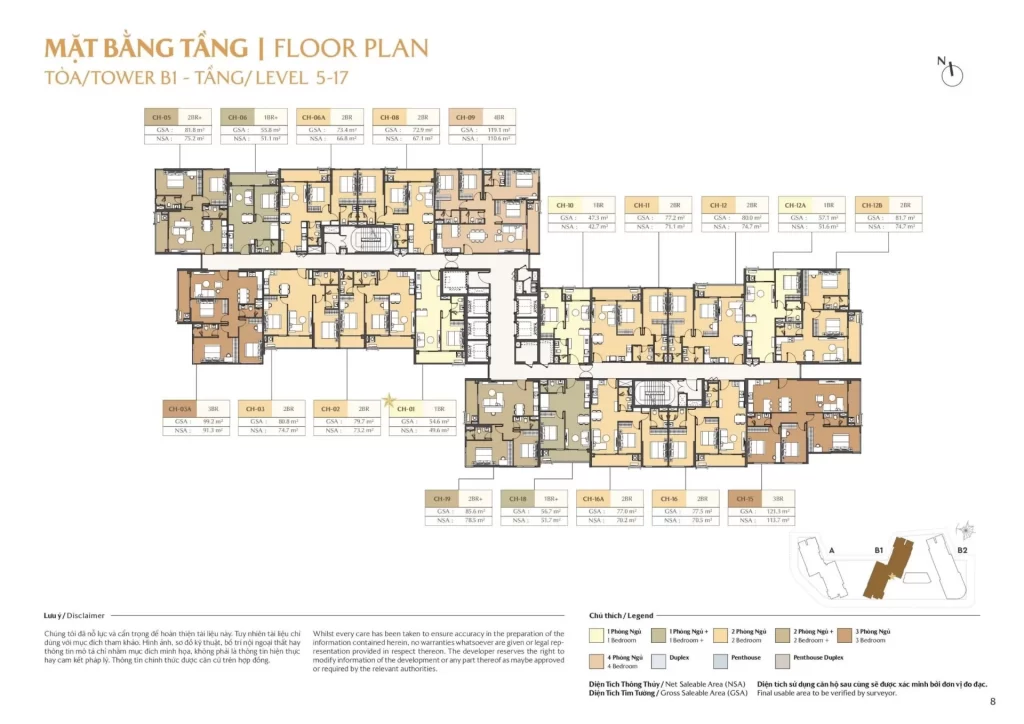 Mặt bằng tầng tòa B1 căn hộ Masteri Cosmo Central tầng 5 đến 17 với 19 căn từ 1 đến 4 phòng ngủ
