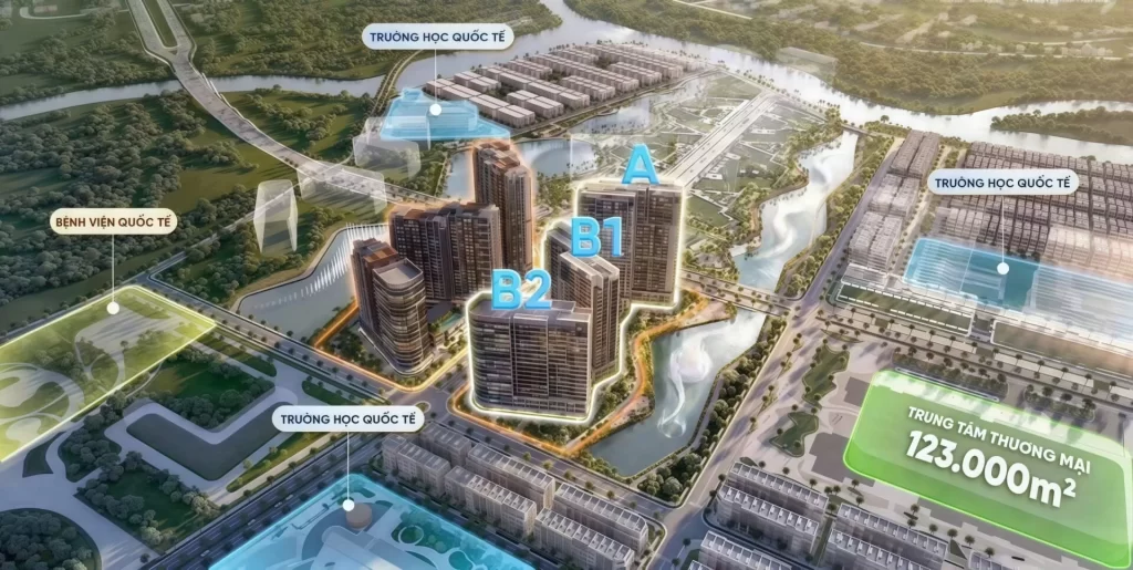 Vị trí tháp A, B1, B2 của căn hộ Masteri Cosmo Central trong khu đô thị The Global City