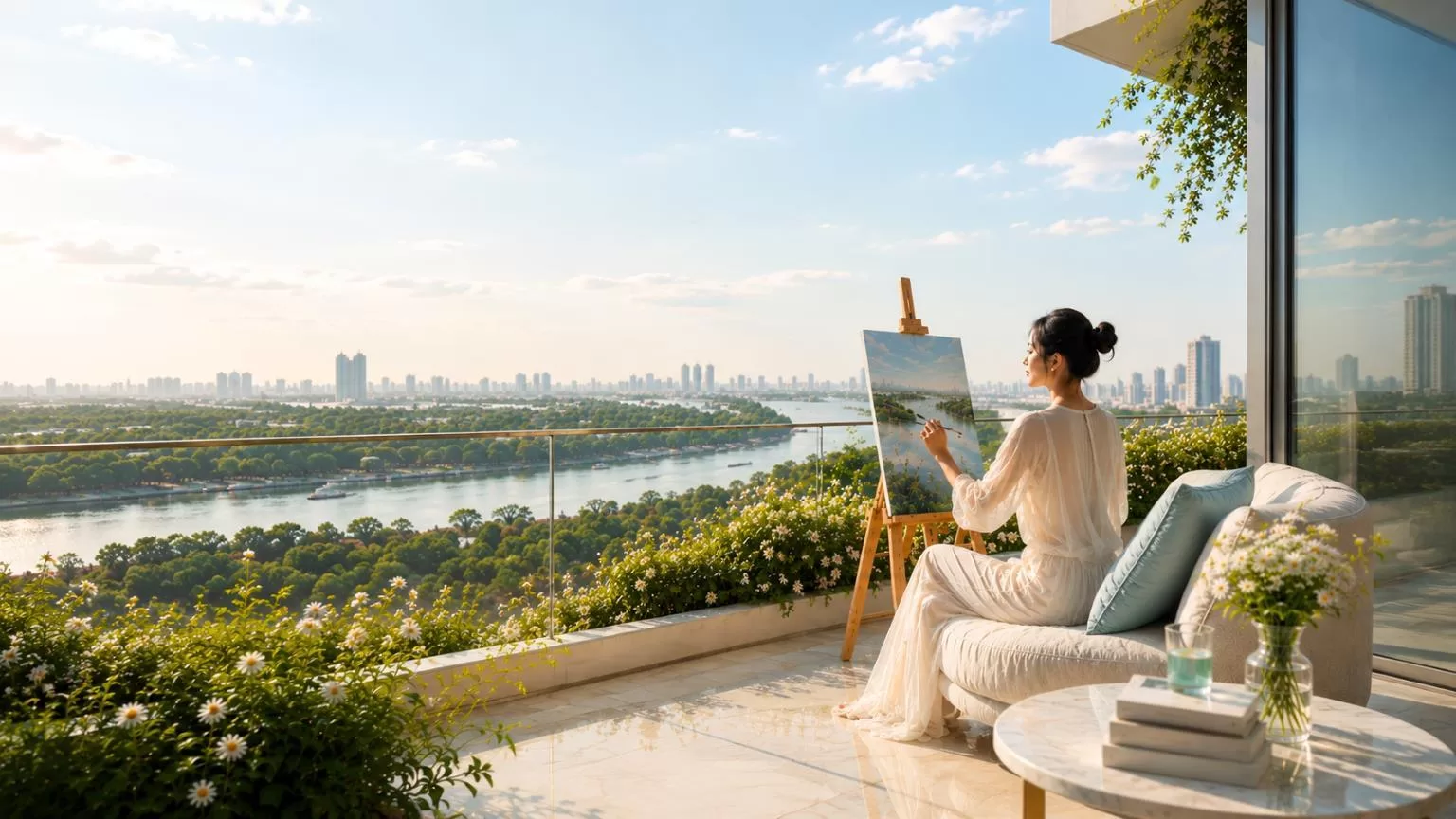 Không gian ban công thoáng đãng view sông áp dụng chính sách bán hàng Gladia Heights