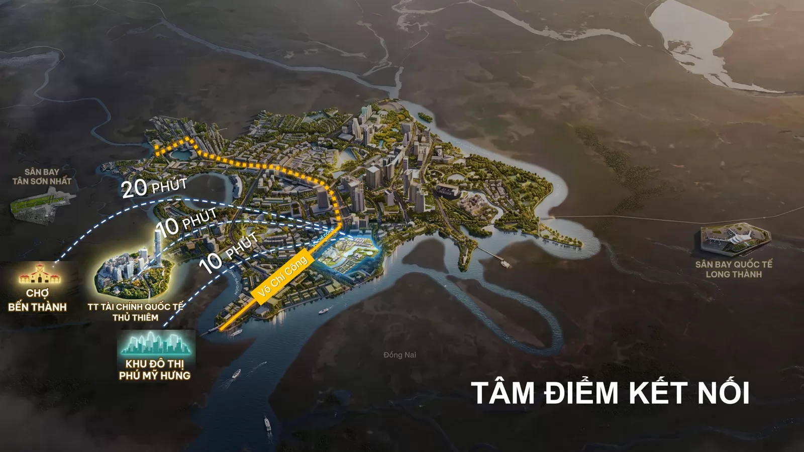 Bản đồ kết nối từ Gladia Heights tới trung tâm, sân bay và Phú Mỹ Hưng
