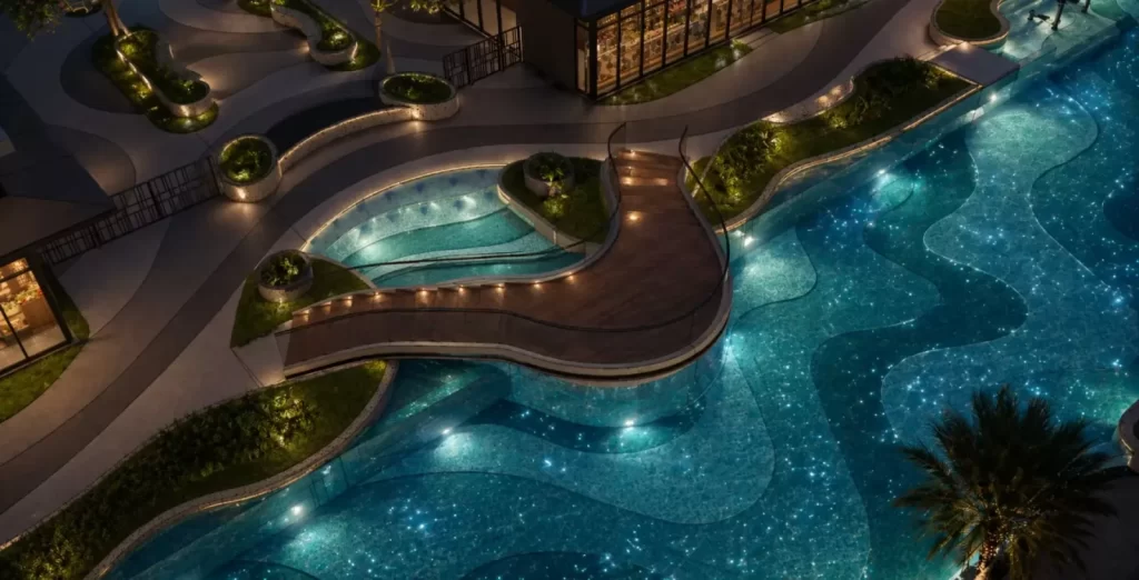 Cầu bộ hành hiệu ứng phun sương cùng tiểu cảnh thác nước tại Gladia Heights, cảnh ban đêm