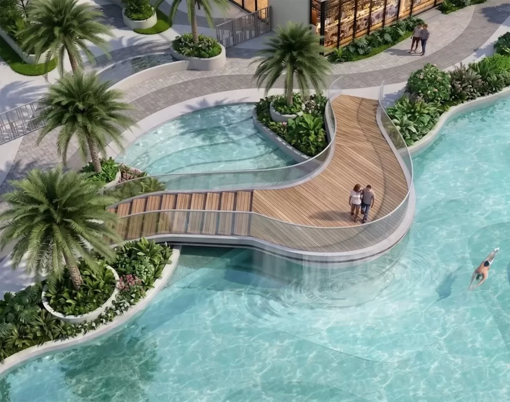 Cầu bộ hành hiệu ứng phun sương cùng tiểu cảnh thác nước tại Gladia Heights, cảnh ban ngày