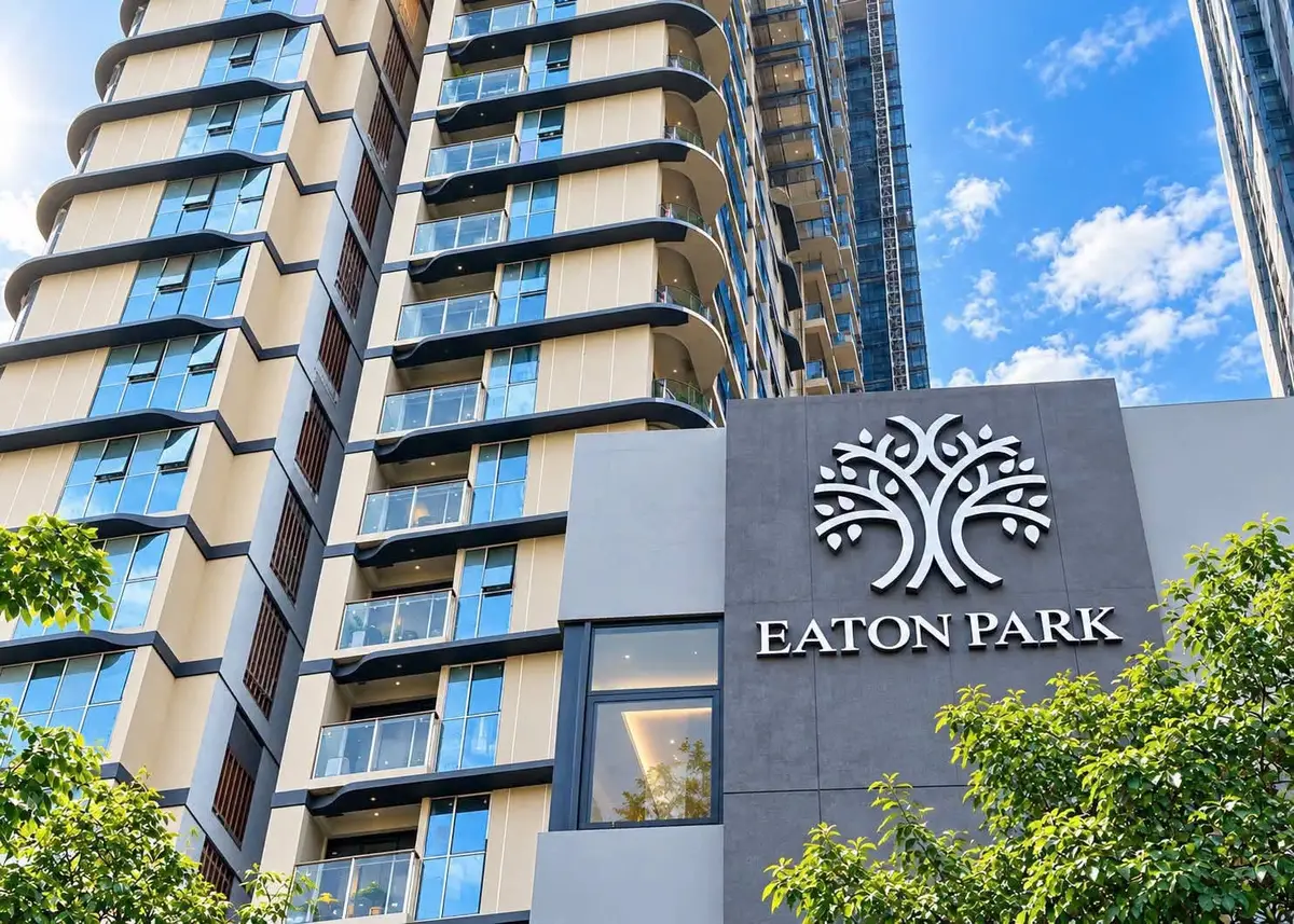 Eaton Park towers A1 and A2 with finished exterior in September 2026