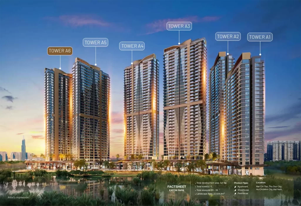 Phối cảnh 6 tháp căn hộ Eaton Park kèm thông số dự án