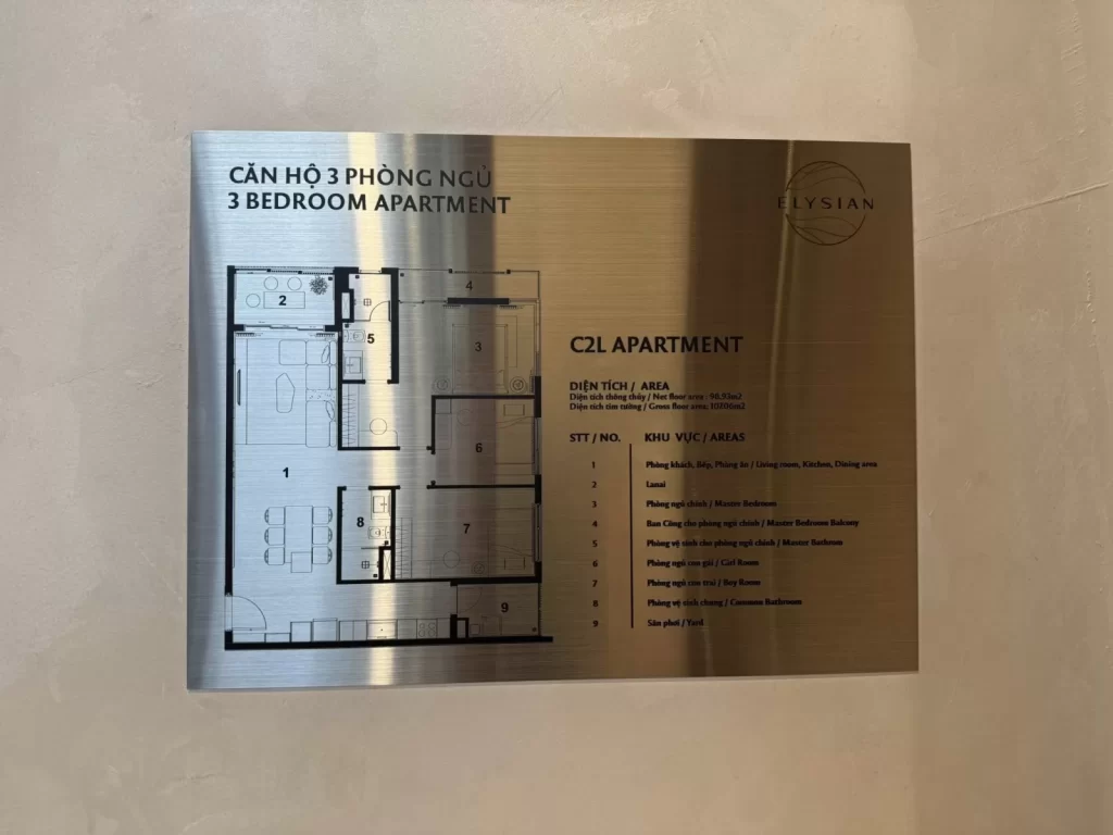 Bảng mặt bằng Elysian căn 3PN C2L: 98,93 m² thông thủy, 107,06 m² tim tường